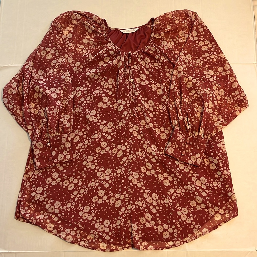 Lauren Conrad Blouse Womens Size XL Rust Daisy Sheer Sleeves Lined Bodice Career